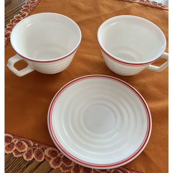 1940's HAZEL ATLAS Moderntone Platonite 2 Cups & 1 Saucer Red Stripe Art Deco - Picture 4 of 7